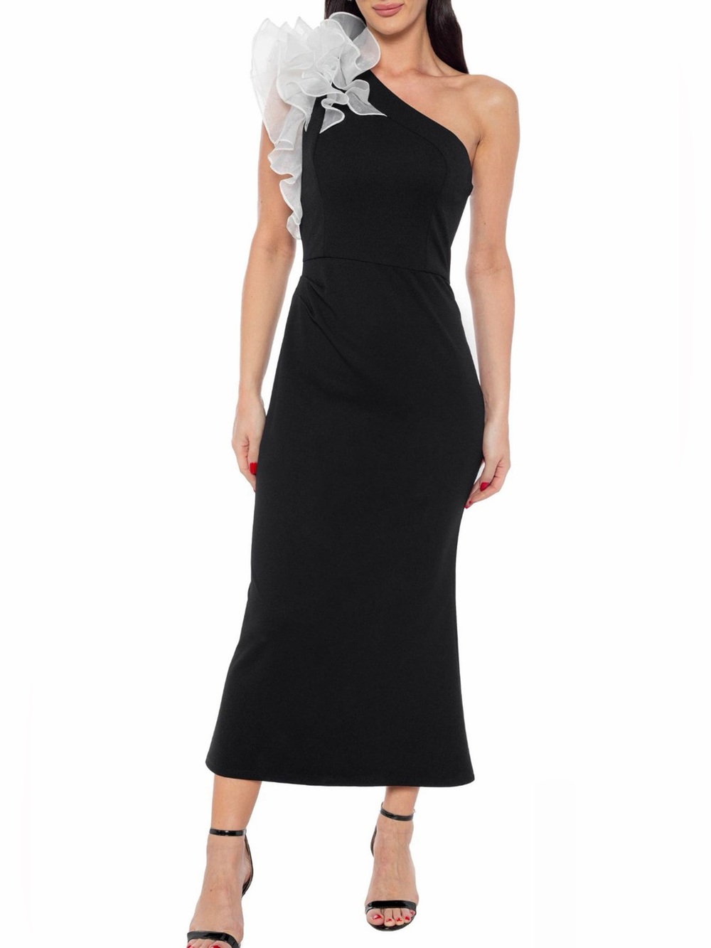 MARINA White Ruffle One Shoulder Cocktail Dress Black Midi Size XL